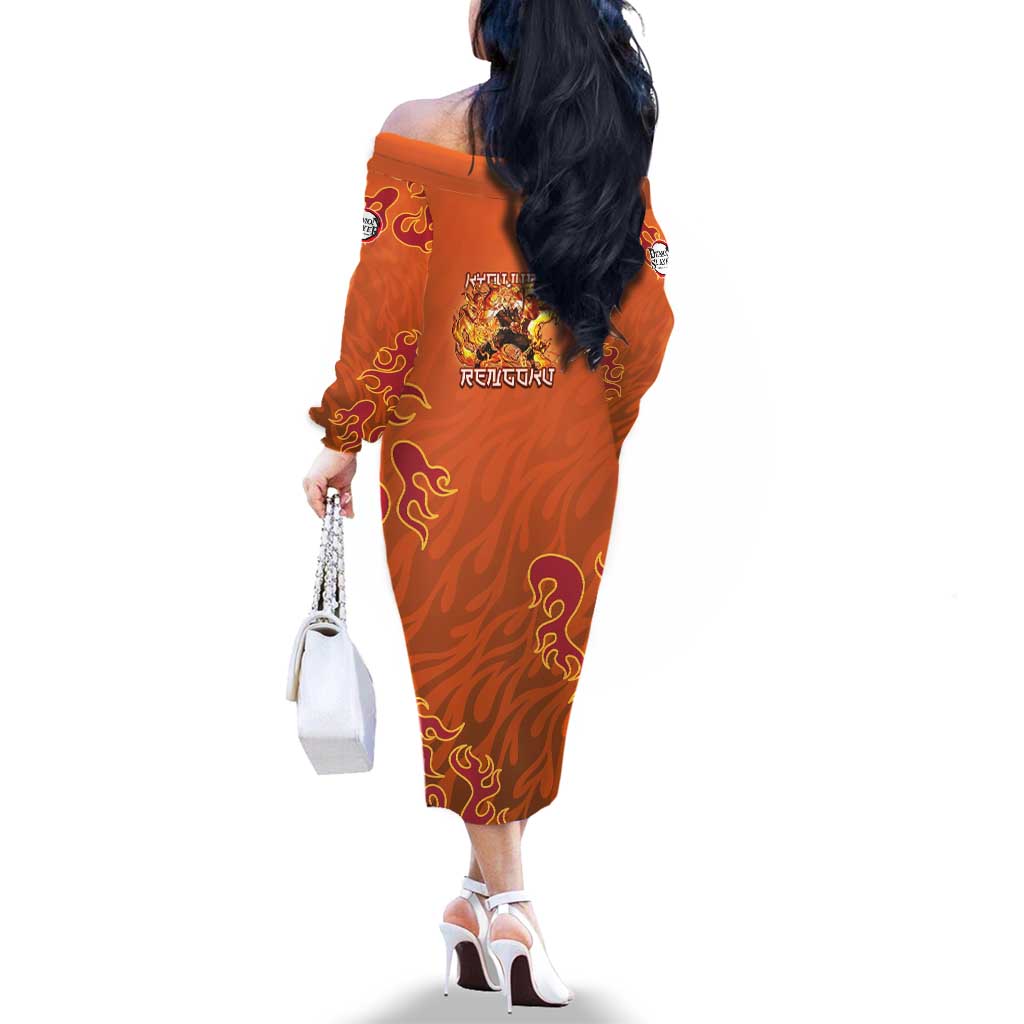 Rengoku Kyojuro Demon Slayer Family Matching Off The Shoulder Long Sleeve Dress and Hawaiian Shirt Inferno Anime Flame Crest Style