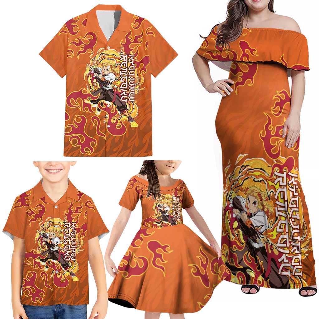Rengoku Kyojuro Demon Slayer Family Matching Off Shoulder Maxi Dress and Hawaiian Shirt Inferno Anime Flame Crest Style