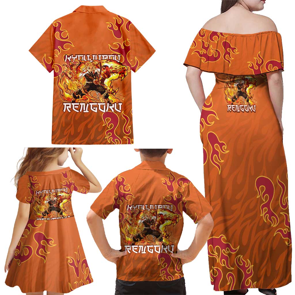 Rengoku Kyojuro Demon Slayer Family Matching Off Shoulder Maxi Dress and Hawaiian Shirt Inferno Anime Flame Crest Style