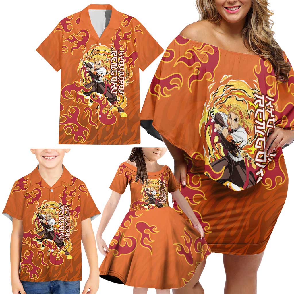 Rengoku Kyojuro Demon Slayer Family Matching Off Shoulder Short Dress and Hawaiian Shirt Inferno Anime Flame Crest Style