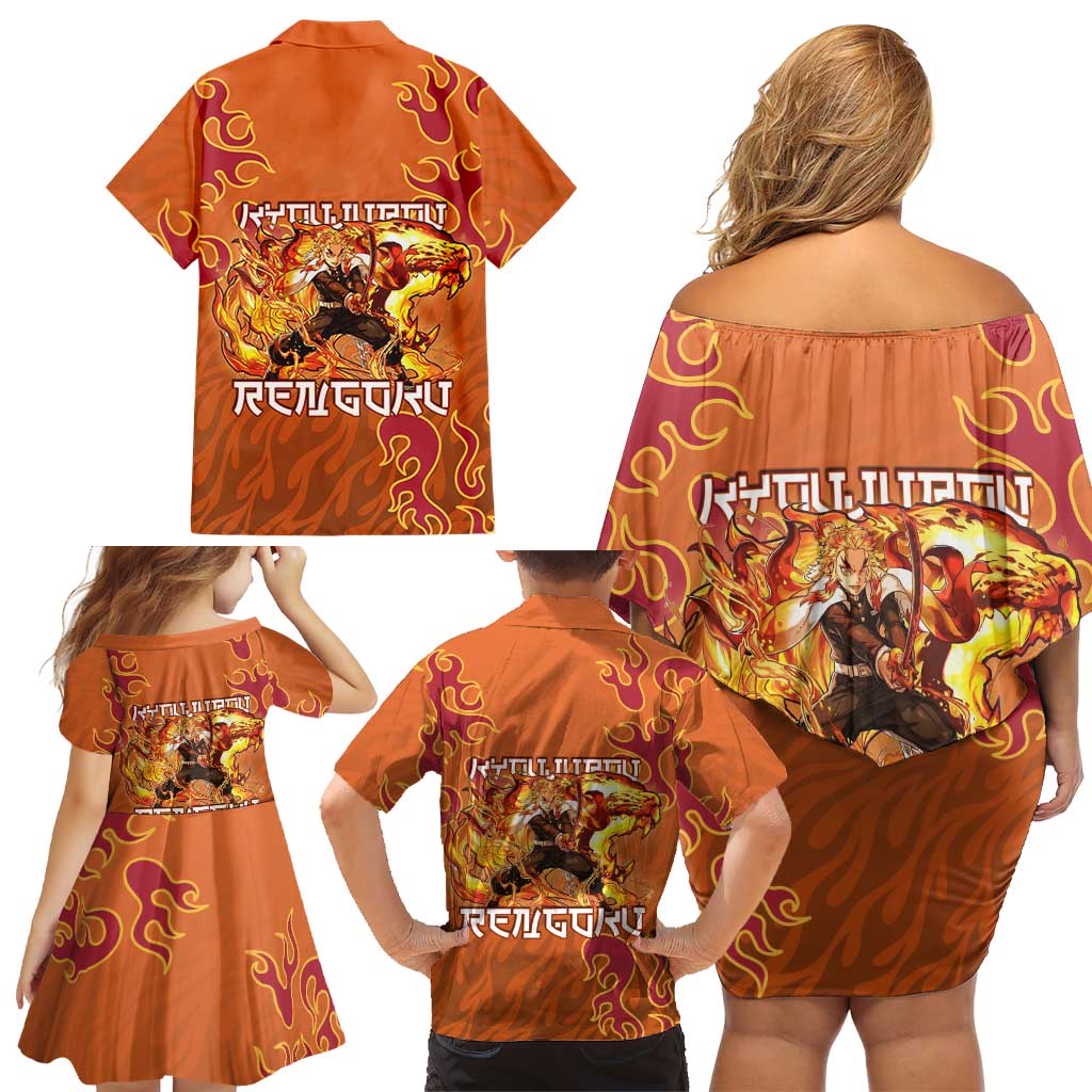 Rengoku Kyojuro Demon Slayer Family Matching Off Shoulder Short Dress and Hawaiian Shirt Inferno Anime Flame Crest Style