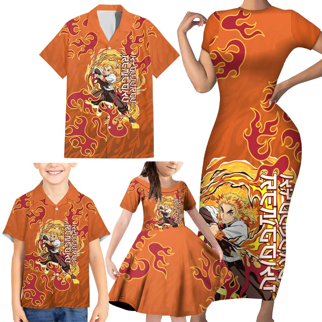Rengoku Kyojuro Demon Slayer Family Matching Short Sleeve Bodycon Dress and Hawaiian Shirt Inferno Anime Flame Crest Style