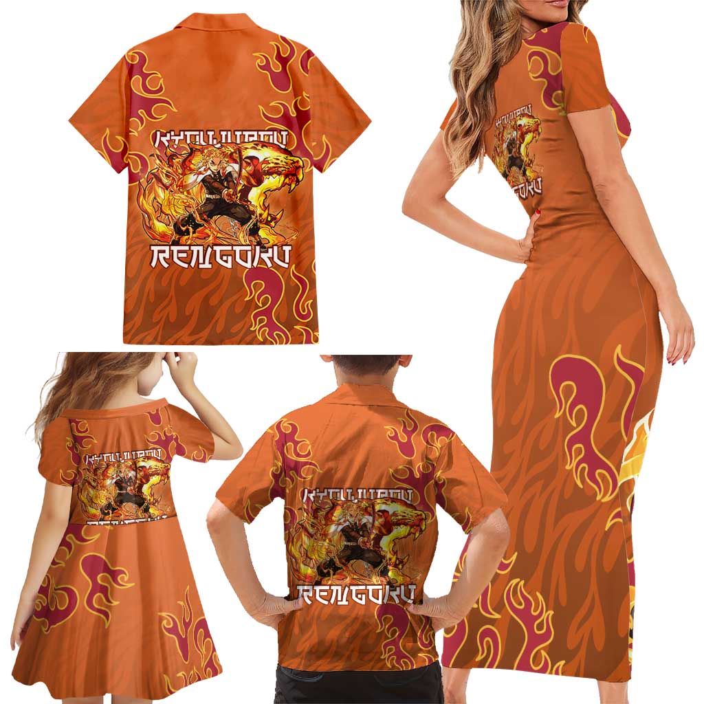 Rengoku Kyojuro Demon Slayer Family Matching Short Sleeve Bodycon Dress and Hawaiian Shirt Inferno Anime Flame Crest Style