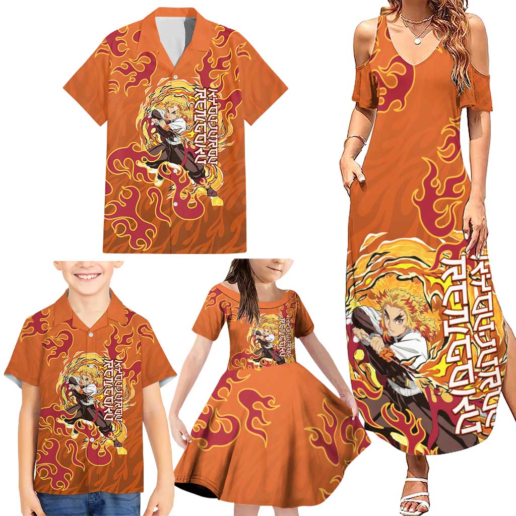 Rengoku Kyojuro Demon Slayer Family Matching Summer Maxi Dress and Hawaiian Shirt Inferno Anime Flame Crest Style