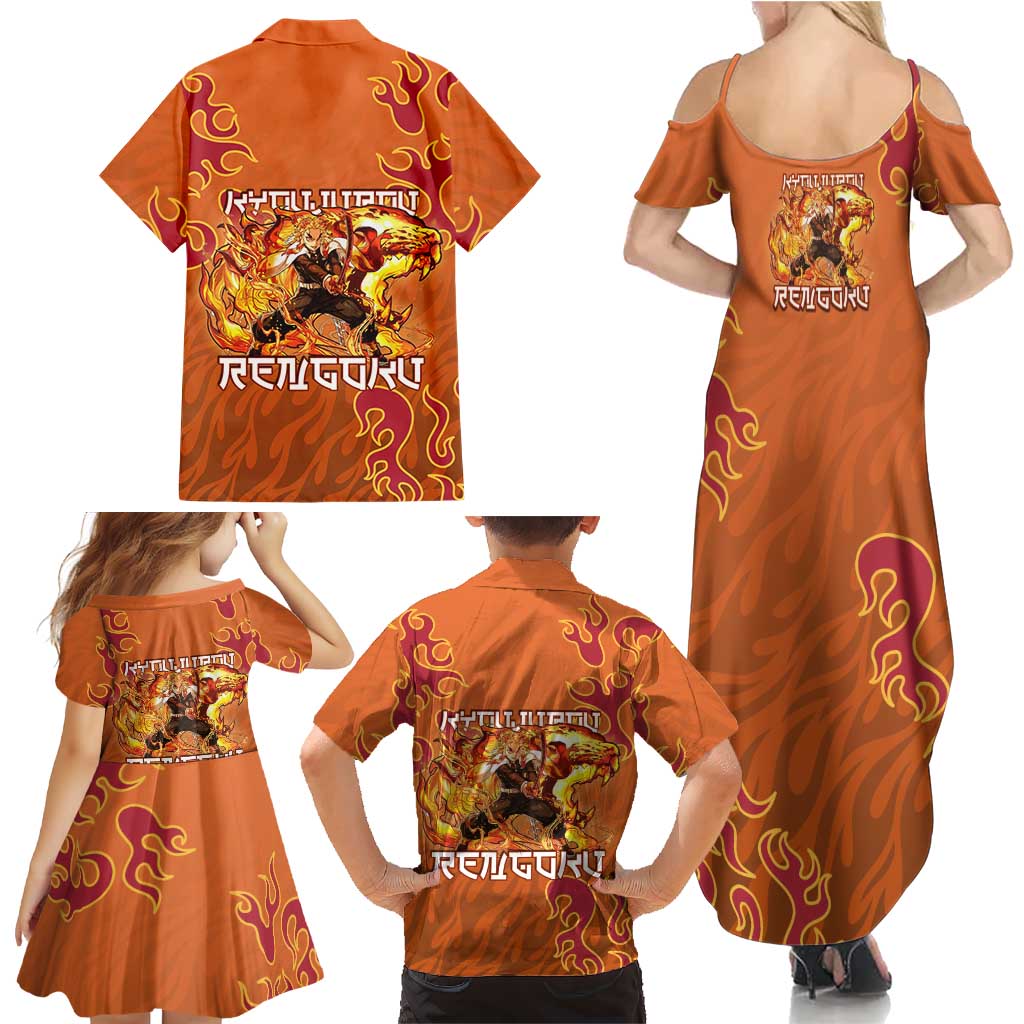 Rengoku Kyojuro Demon Slayer Family Matching Summer Maxi Dress and Hawaiian Shirt Inferno Anime Flame Crest Style