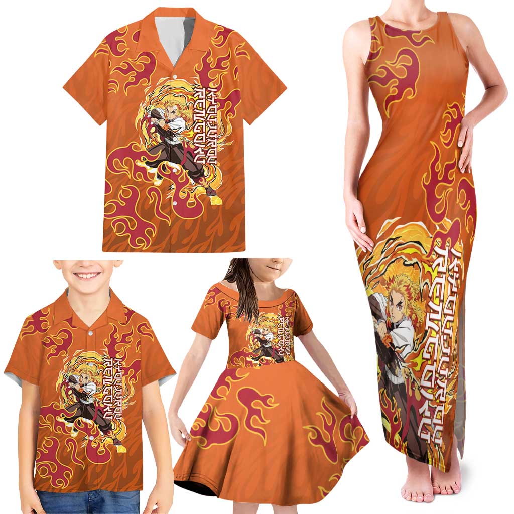 Rengoku Kyojuro Demon Slayer Family Matching Tank Maxi Dress and Hawaiian Shirt Inferno Anime Flame Crest Style