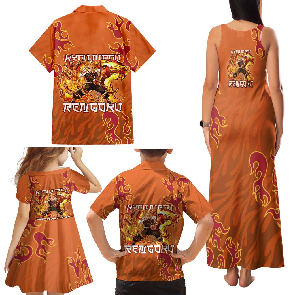 Rengoku Kyojuro Demon Slayer Family Matching Tank Maxi Dress and Hawaiian Shirt Inferno Anime Flame Crest Style