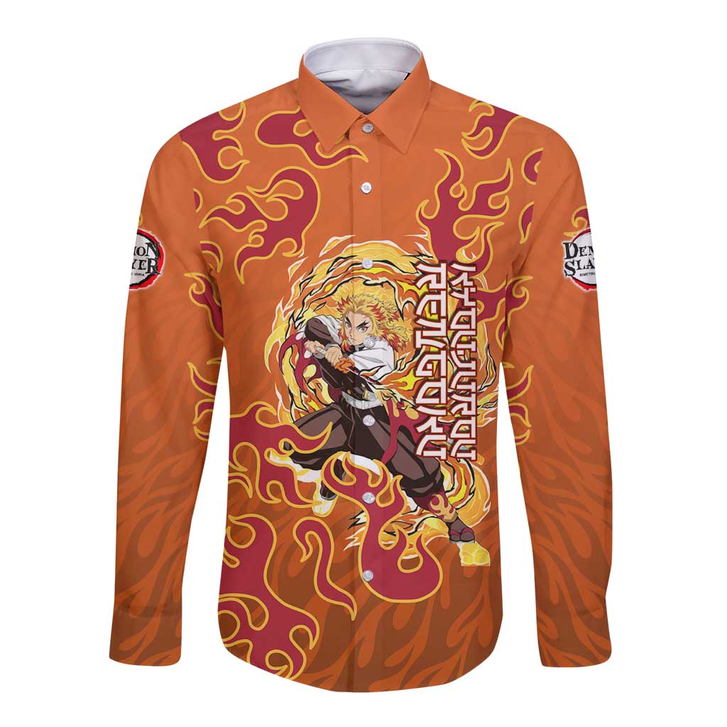 Rengoku Kyojuro Demon Slayer Long Sleeve Button Shirt Inferno Anime Flame Crest Style