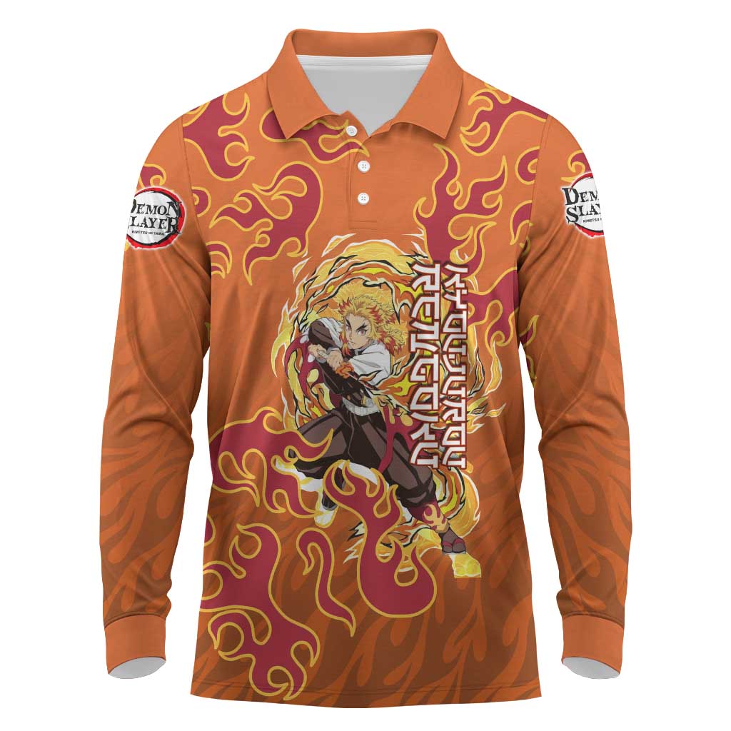 Rengoku Kyojuro Demon Slayer Long Sleeve Polo Shirt Inferno Anime Flame Crest Style