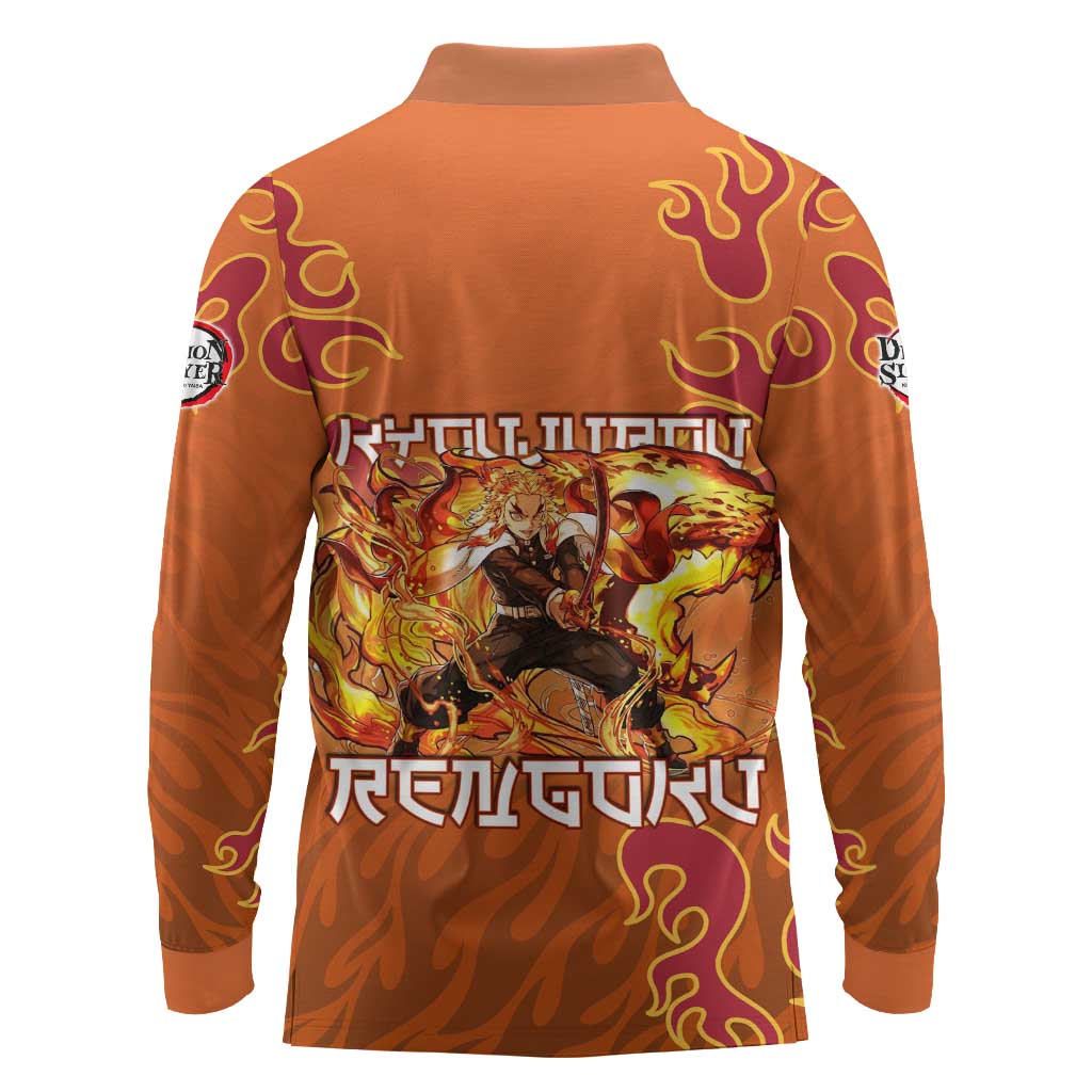 Rengoku Kyojuro Demon Slayer Long Sleeve Polo Shirt Inferno Anime Flame Crest Style