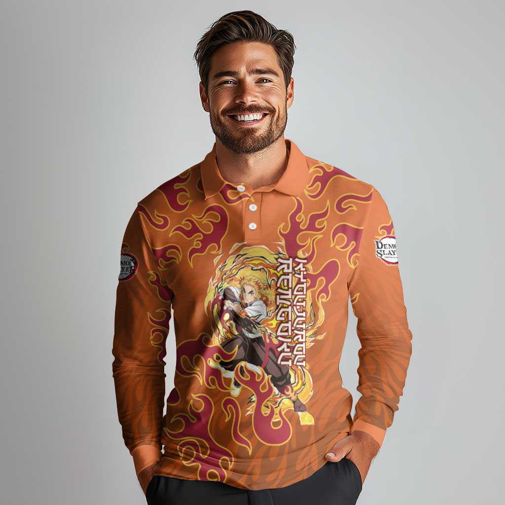Rengoku Kyojuro Demon Slayer Long Sleeve Polo Shirt Inferno Anime Flame Crest Style