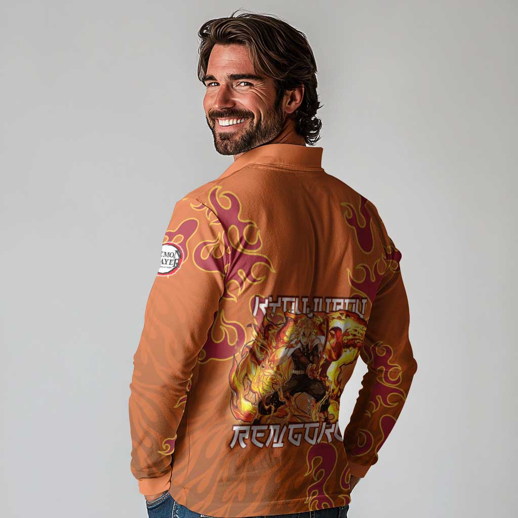 Rengoku Kyojuro Demon Slayer Long Sleeve Polo Shirt Inferno Anime Flame Crest Style