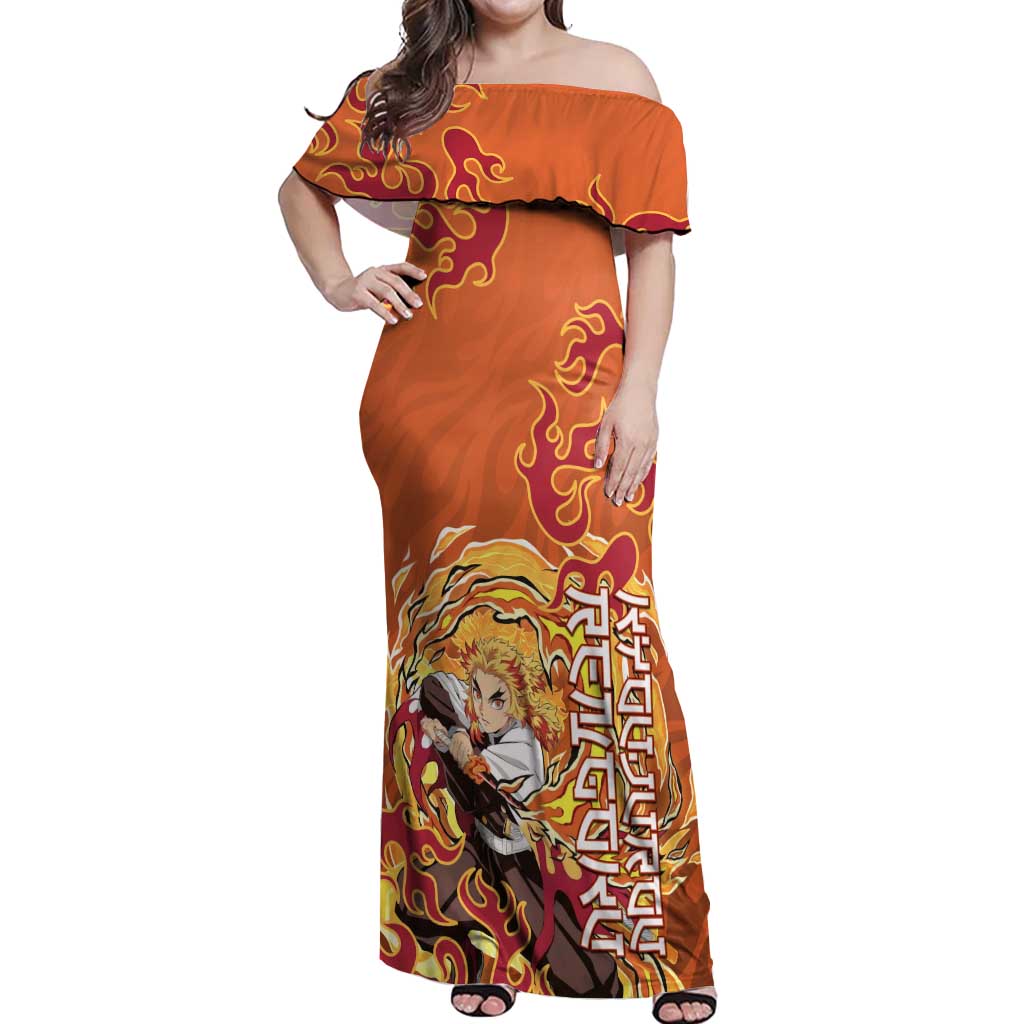 Rengoku Kyojuro Demon Slayer Off Shoulder Maxi Dress Inferno Anime Flame Crest Style