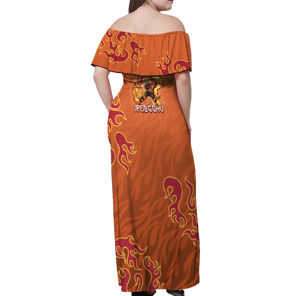 Rengoku Kyojuro Demon Slayer Off Shoulder Maxi Dress Inferno Anime Flame Crest Style