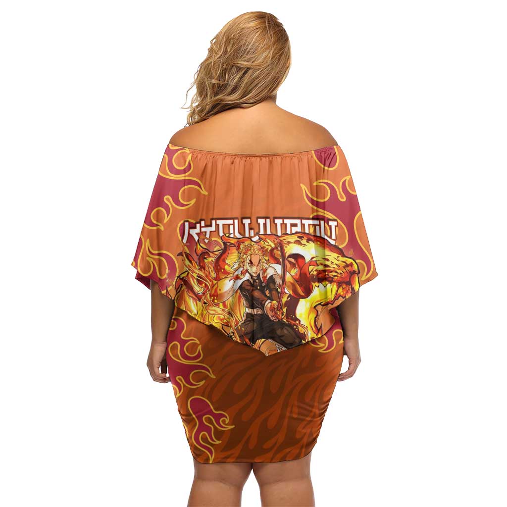 Rengoku Kyojuro Demon Slayer Off Shoulder Short Dress Inferno Anime Flame Crest Style