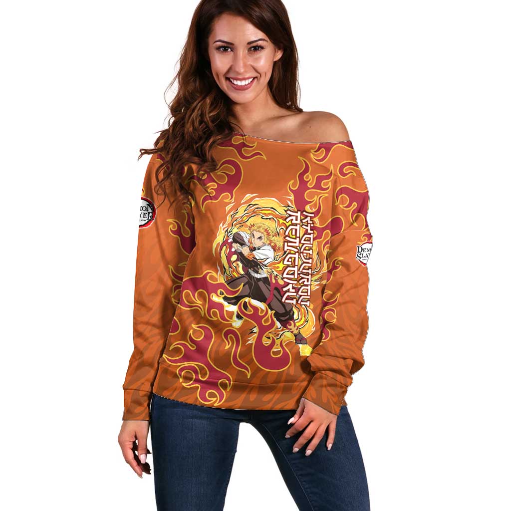 Rengoku Kyojuro Demon Slayer Off Shoulder Sweater Inferno Anime Flame Crest Style