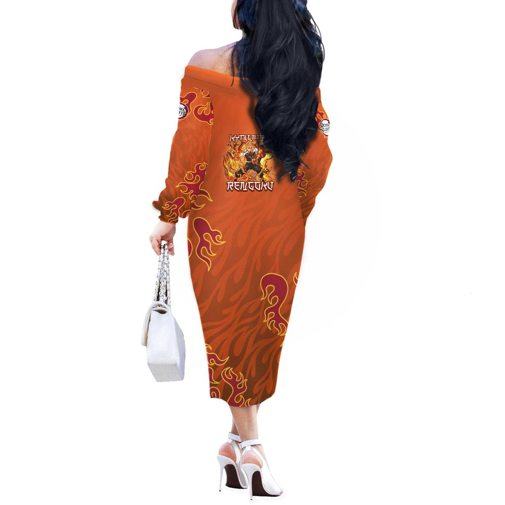 Rengoku Kyojuro Demon Slayer Off The Shoulder Long Sleeve Dress Inferno Anime Flame Crest Style