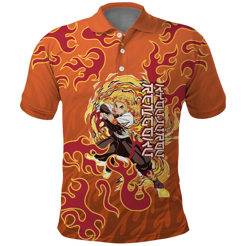 Rengoku Kyojuro Demon Slayer Polo Shirt Inferno Anime Flame Crest Style