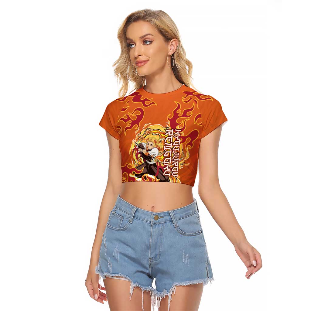 Rengoku Kyojuro Demon Slayer Raglan Cropped T Shirt Inferno Anime Flame Crest Style