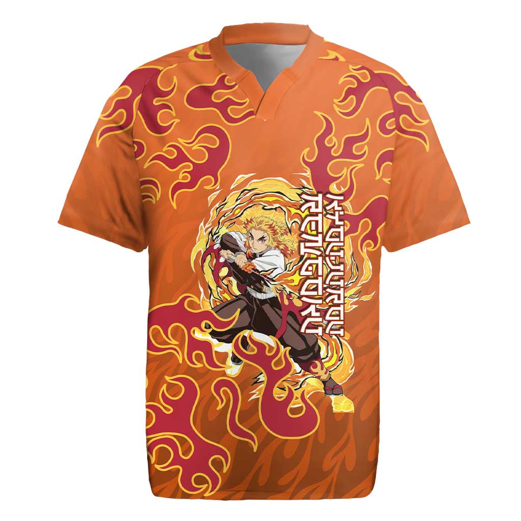 Rengoku Kyojuro Demon Slayer Rugby Jersey Inferno Anime Flame Crest Style