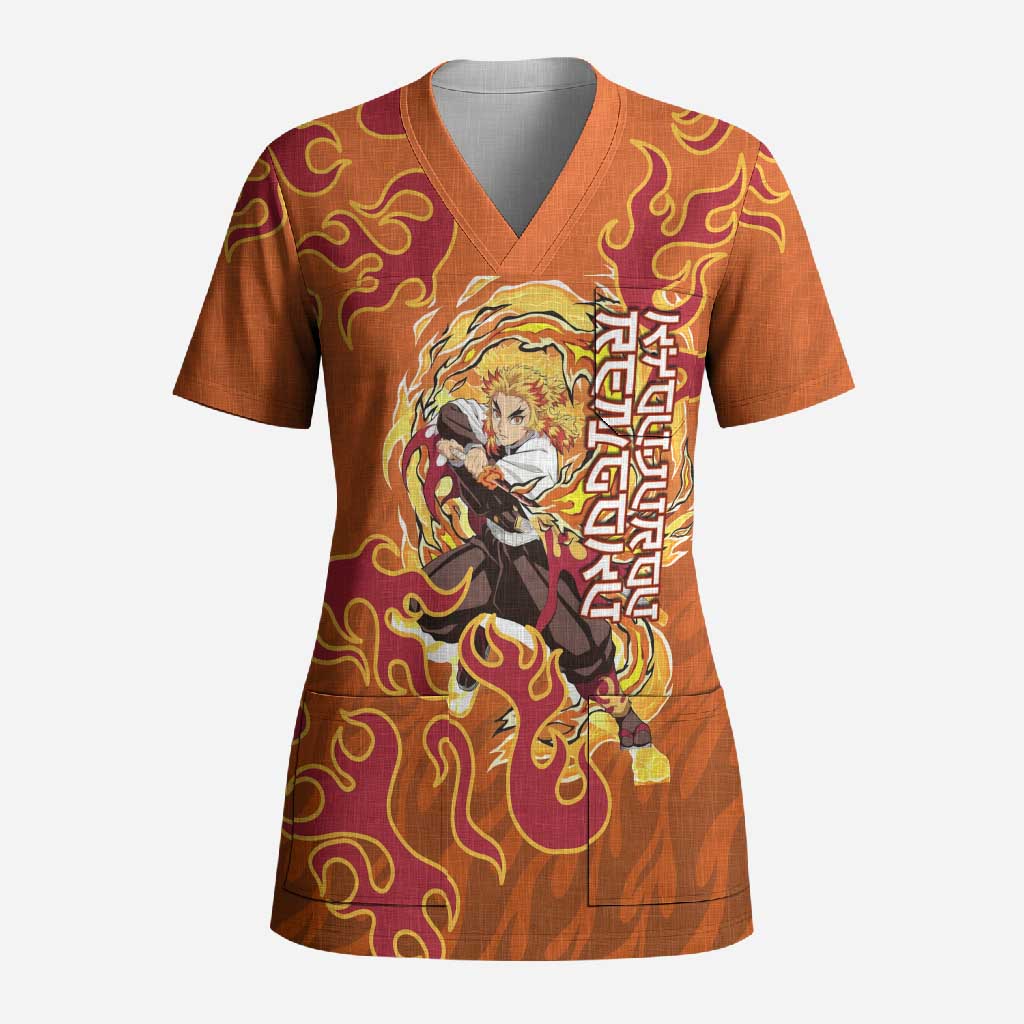 Rengoku Kyojuro Demon Slayer Scrub Top Inferno Anime Flame Crest Style