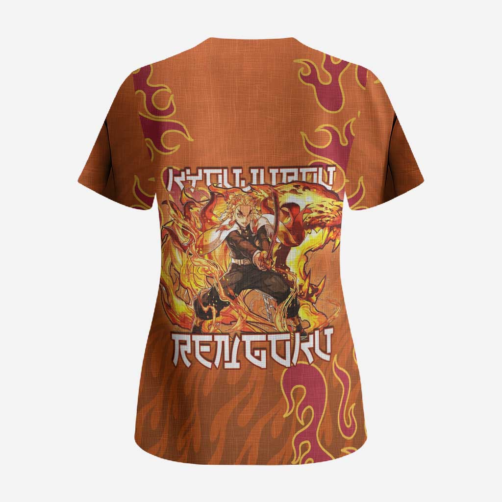 Rengoku Kyojuro Demon Slayer Scrub Top Inferno Anime Flame Crest Style