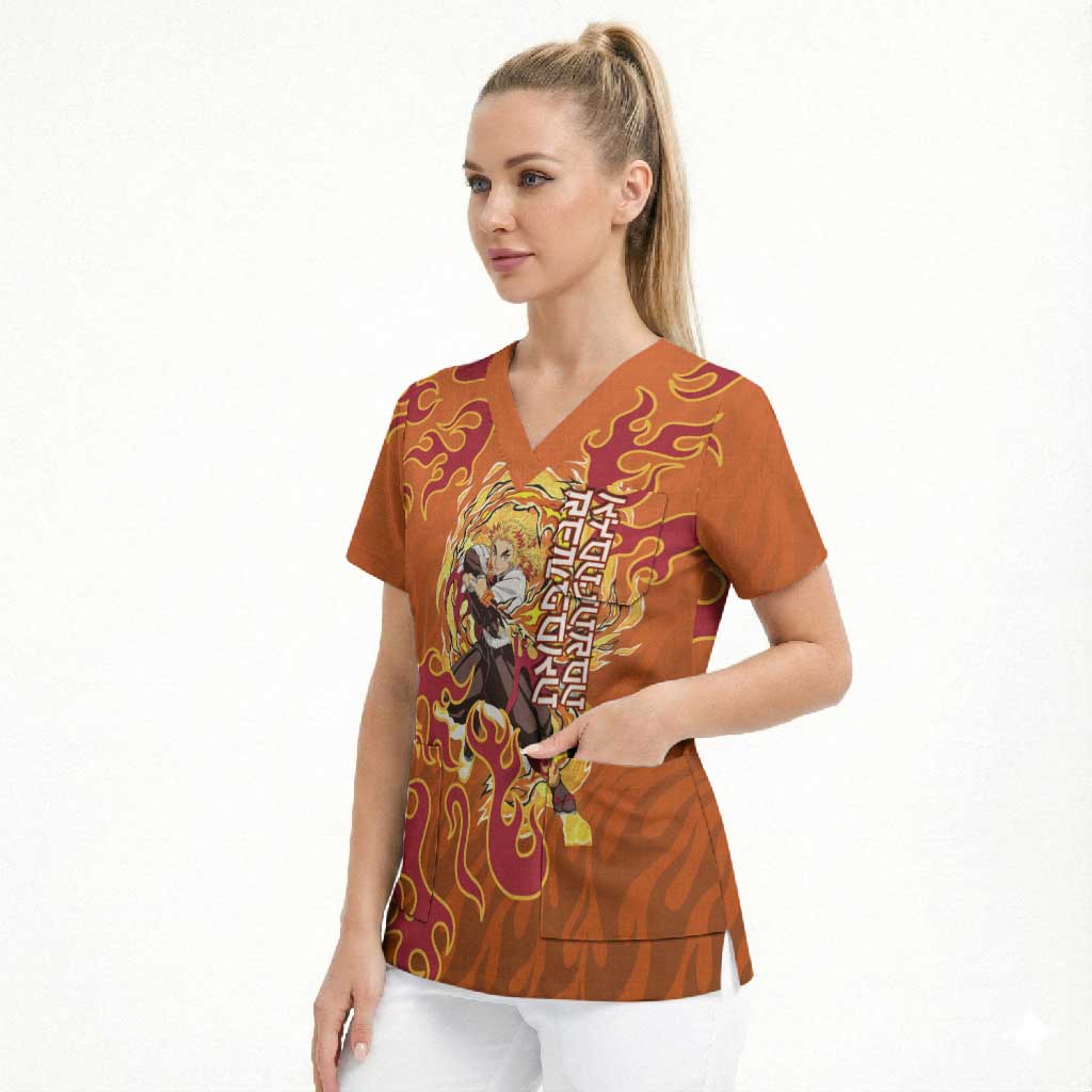 Rengoku Kyojuro Demon Slayer Scrub Top Inferno Anime Flame Crest Style