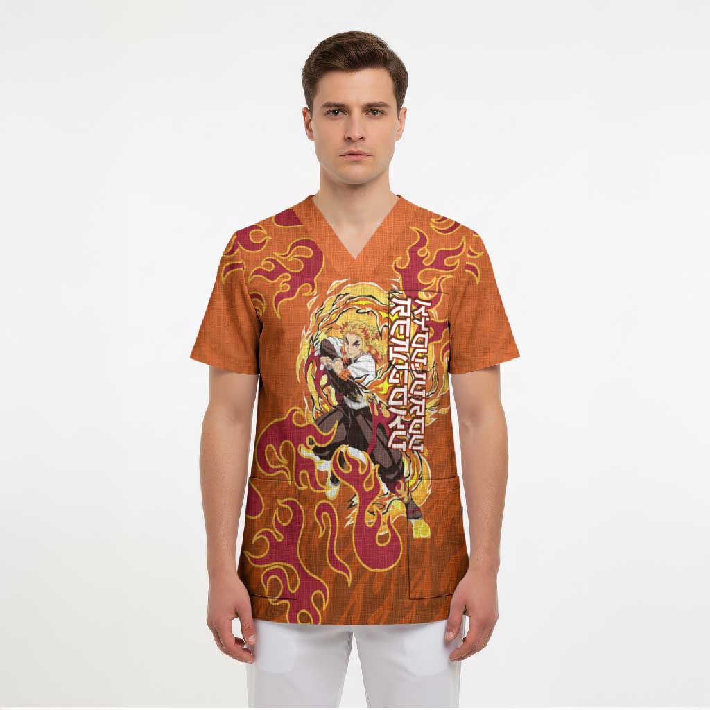 Rengoku Kyojuro Demon Slayer Scrub Top Inferno Anime Flame Crest Style