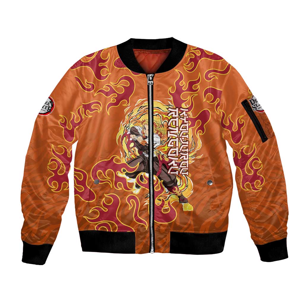 Rengoku Kyojuro Demon Slayer Sleeve Zip Bomber Jacket Inferno Anime Flame Crest Style