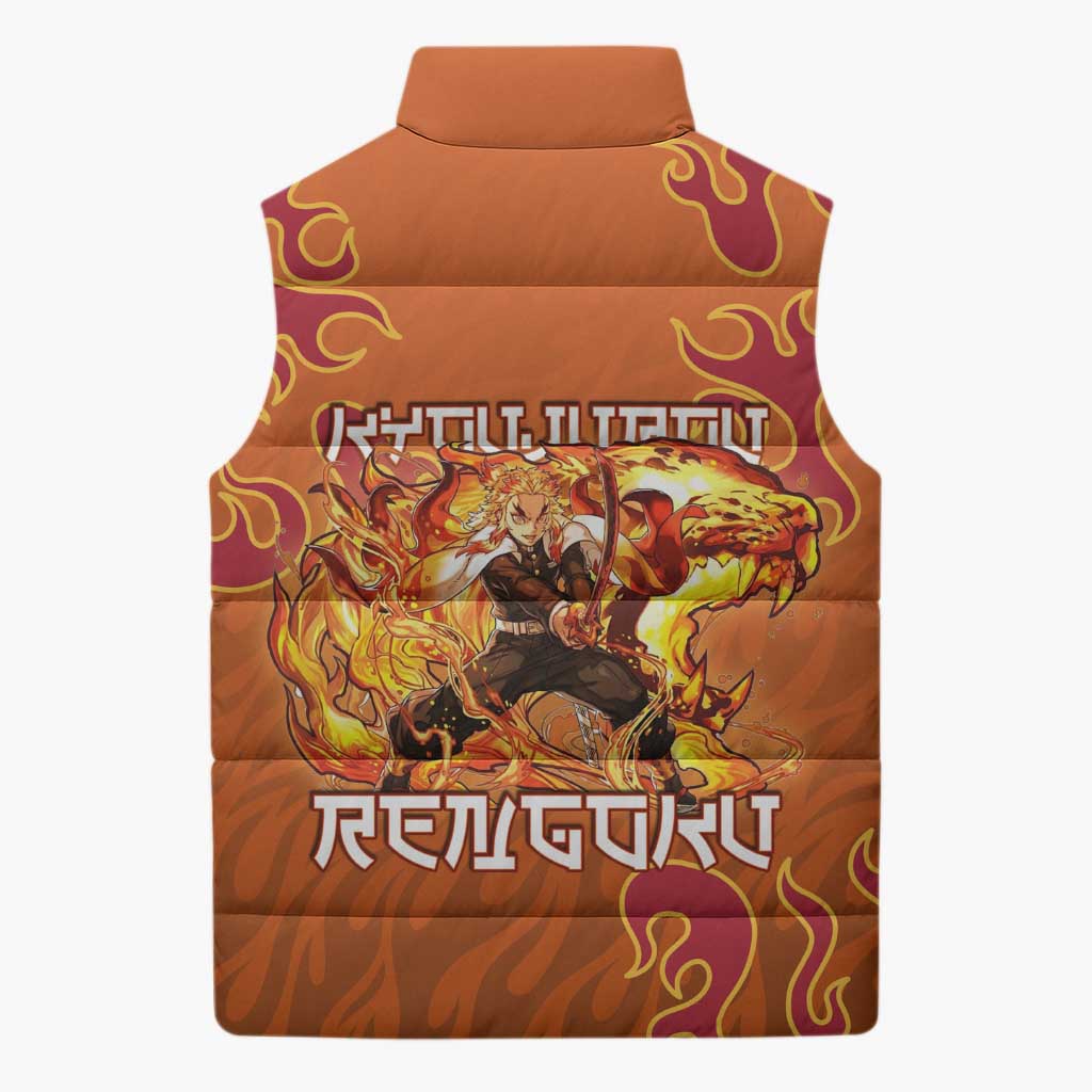 Rengoku Kyojuro Demon Slayer Sleeveless Puffer Jacket Inferno Anime Flame Crest Style