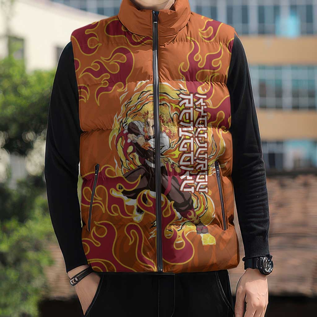 Rengoku Kyojuro Demon Slayer Sleeveless Puffer Jacket Inferno Anime Flame Crest Style