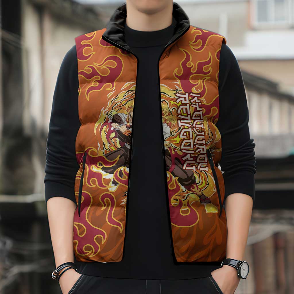 Rengoku Kyojuro Demon Slayer Sleeveless Puffer Jacket Inferno Anime Flame Crest Style