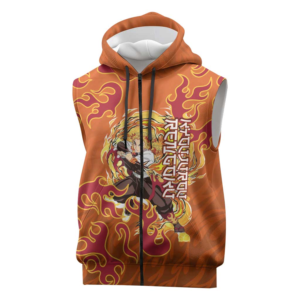 Rengoku Kyojuro Demon Slayer Sleeveless Zip Hoodie Inferno Anime Flame Crest Style