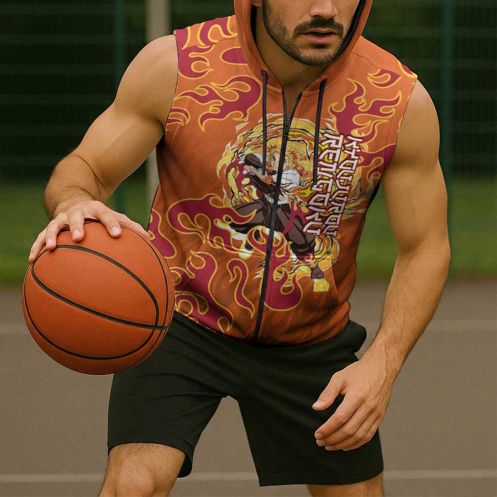 Rengoku Kyojuro Demon Slayer Sleeveless Zip Hoodie Inferno Anime Flame Crest Style