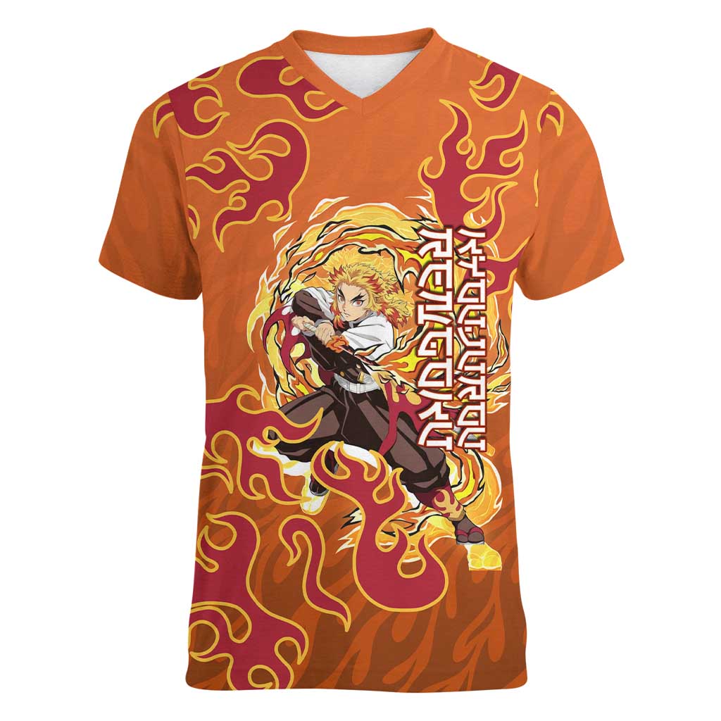 Rengoku Kyojuro Demon Slayer Women V-Neck T-Shirt Inferno Anime Flame Crest Style