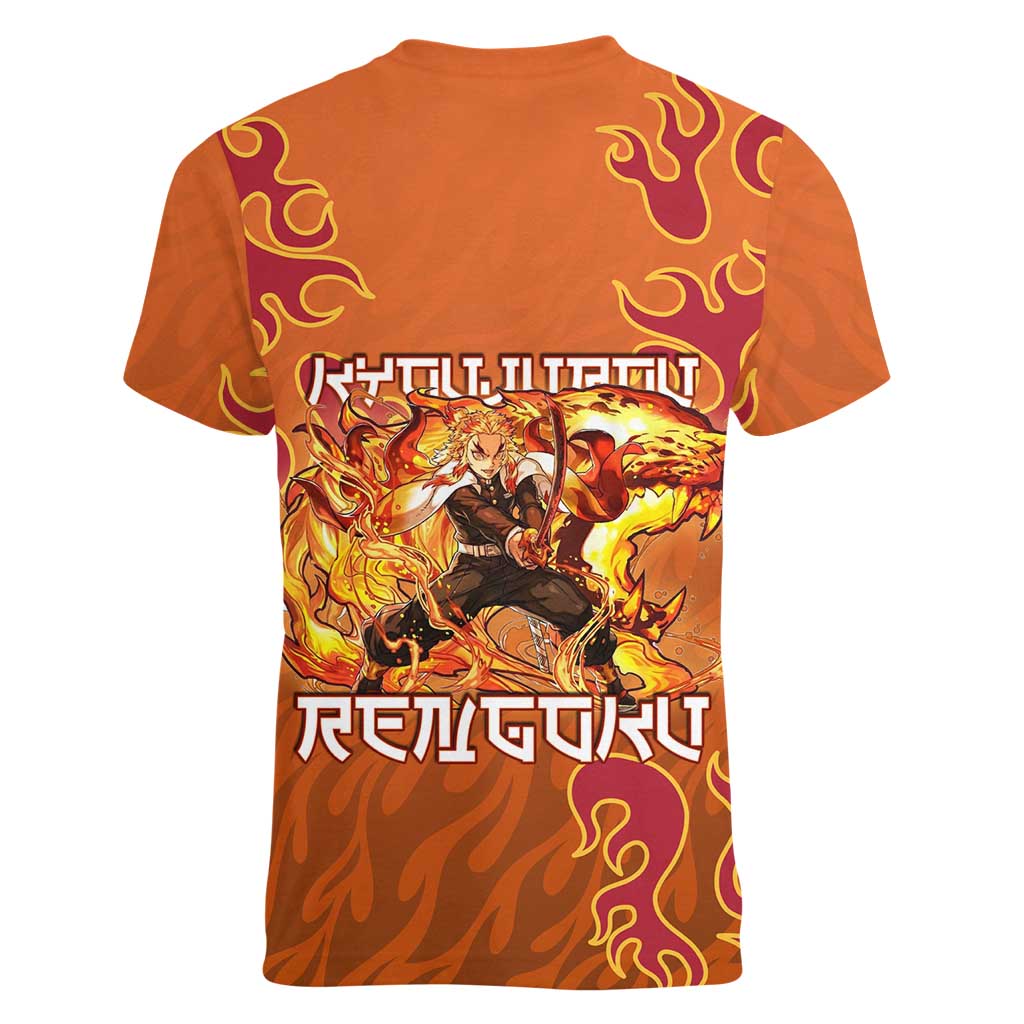 Rengoku Kyojuro Demon Slayer Women V-Neck T-Shirt Inferno Anime Flame Crest Style