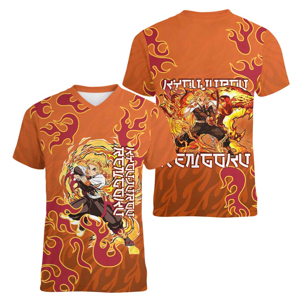 Rengoku Kyojuro Demon Slayer Women V-Neck T-Shirt Inferno Anime Flame Crest Style