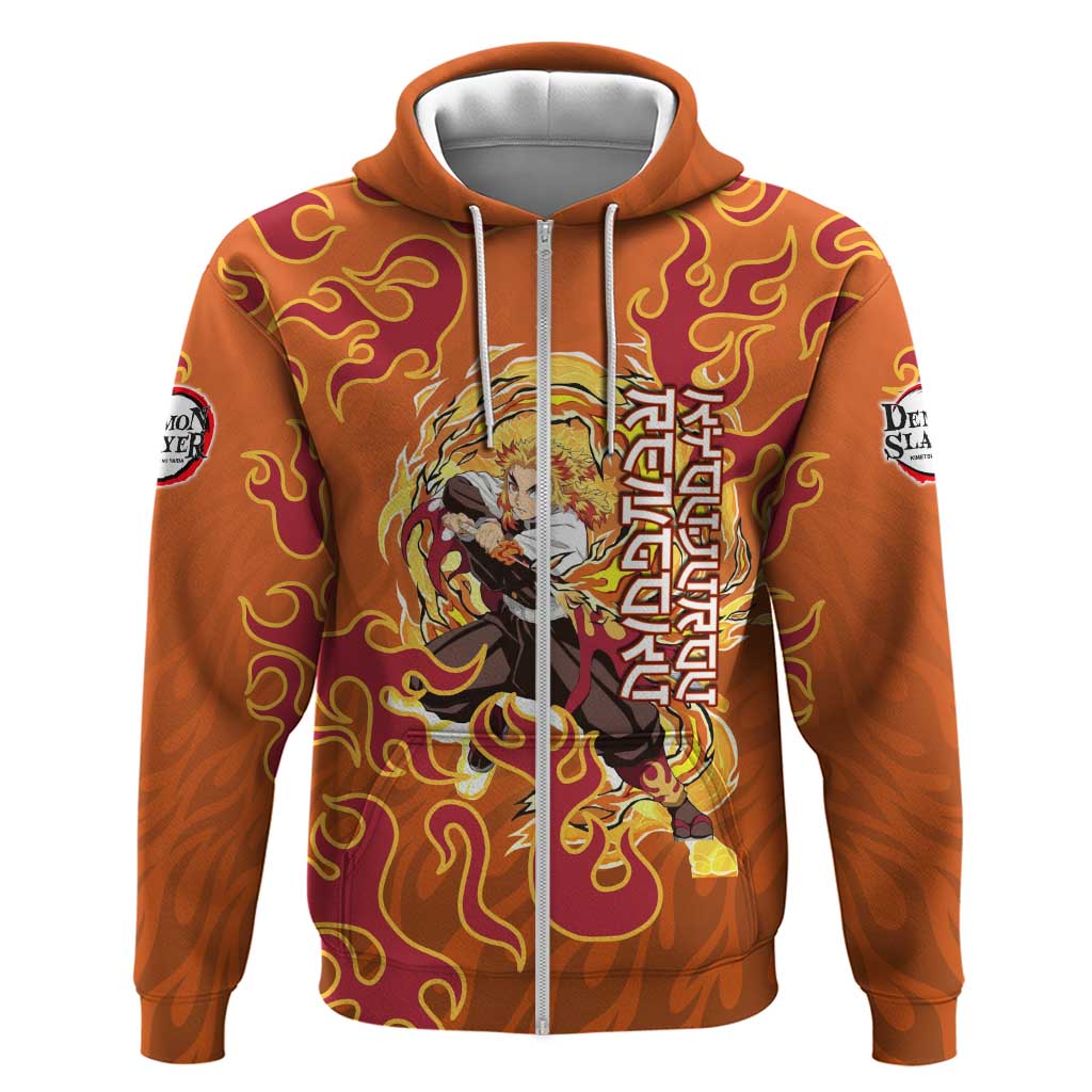 Rengoku Kyojuro Demon Slayer Zip Hoodie Inferno Anime Flame Crest Style