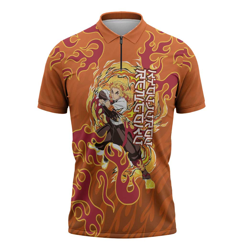 Rengoku Kyojuro Demon Slayer Zipper Polo Shirt Inferno Anime Flame Crest Style