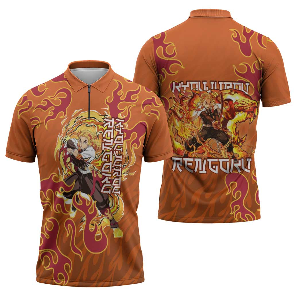 Rengoku Kyojuro Demon Slayer Zipper Polo Shirt Inferno Anime Flame Crest Style