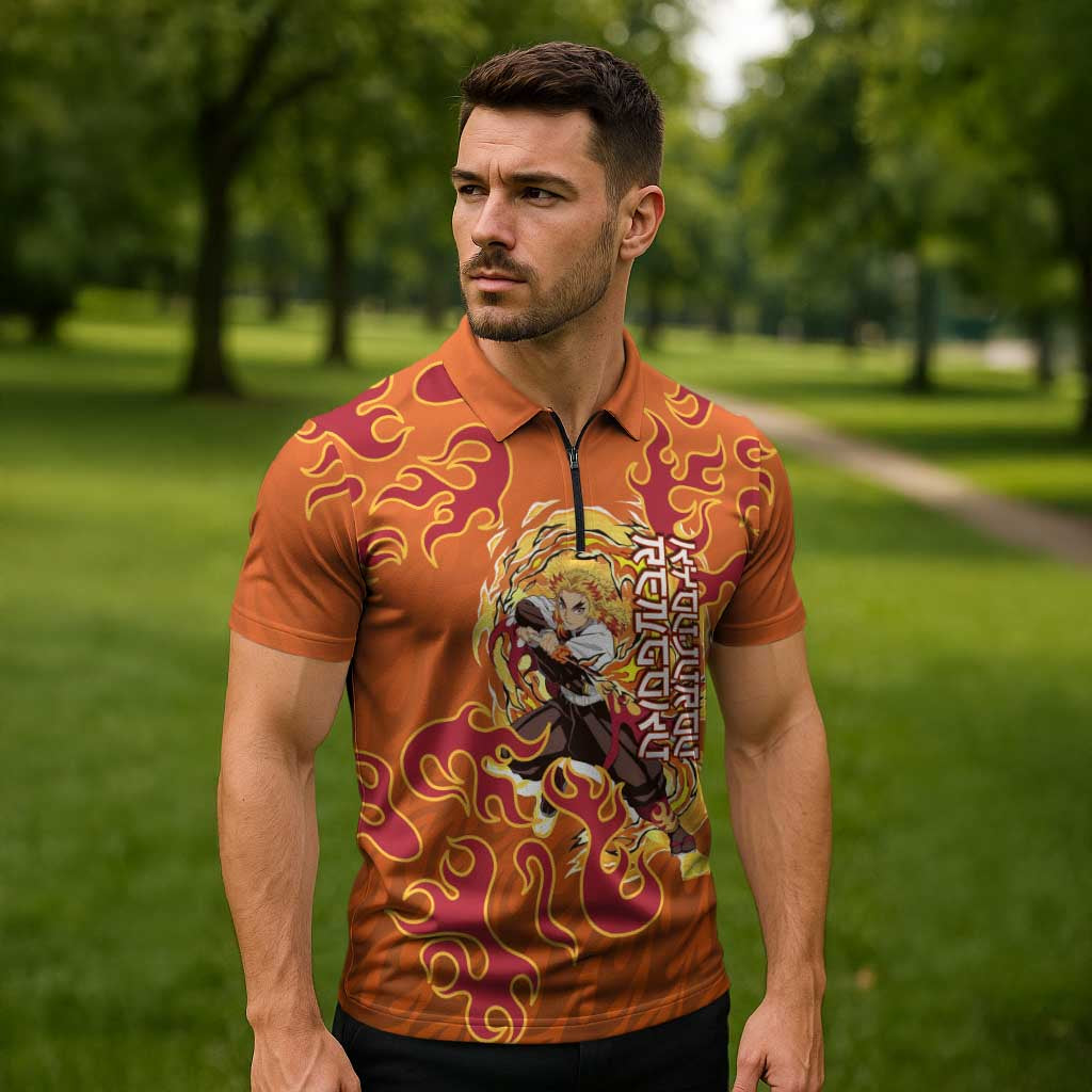 Rengoku Kyojuro Demon Slayer Zipper Polo Shirt Inferno Anime Flame Crest Style