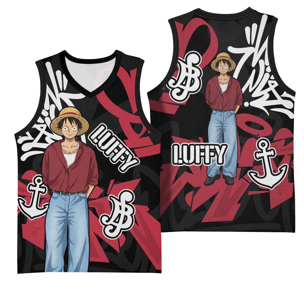 Monkey D. Luffy One Piece Basketball Jersey Graffiti Street Art Anime Collage