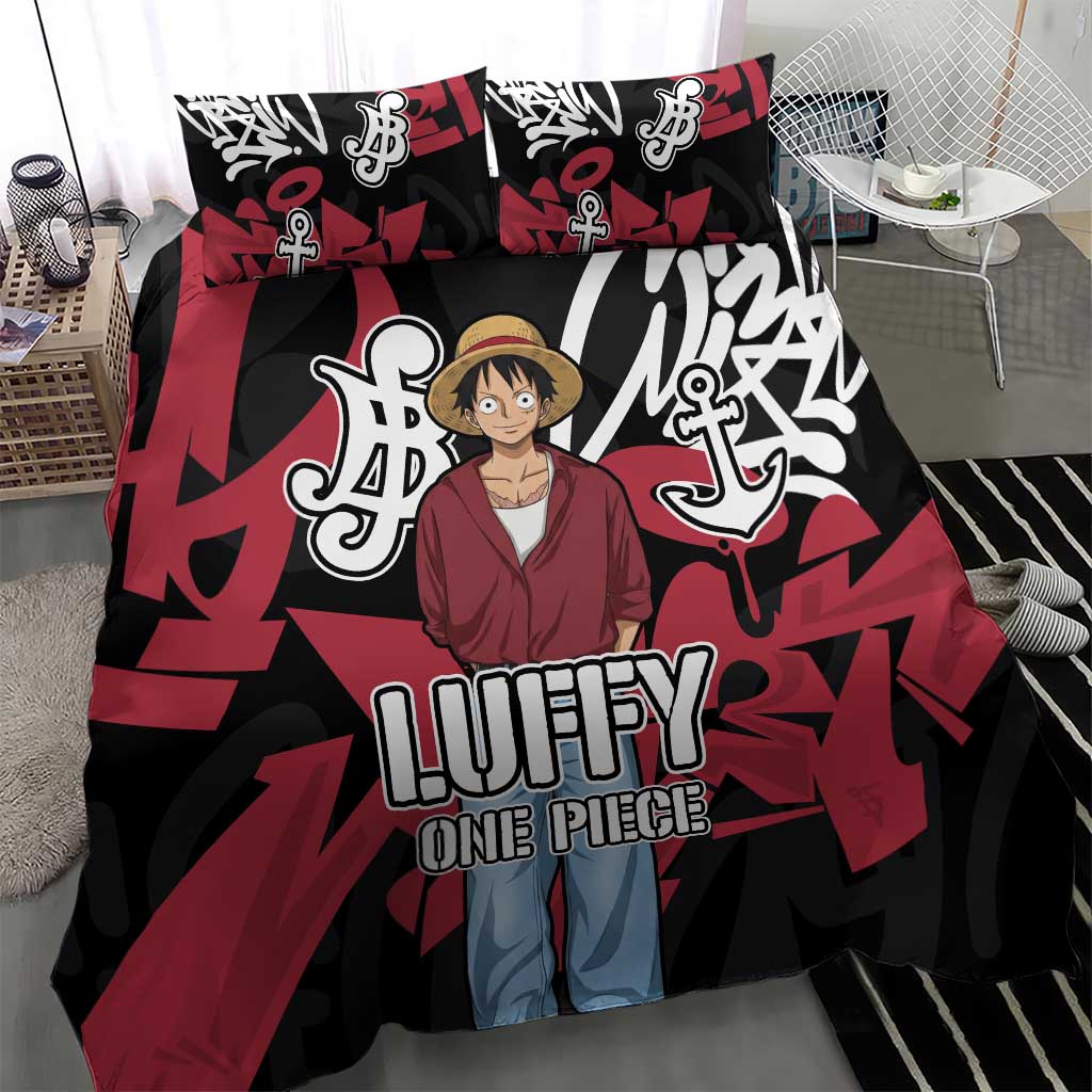 Monkey D. Luffy One Piece Bedding Set Graffiti Street Art Anime Collage