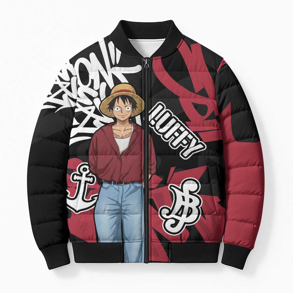 Monkey D. Luffy One Piece Bomber Puffer Jacket Graffiti Street Art Anime Collage
