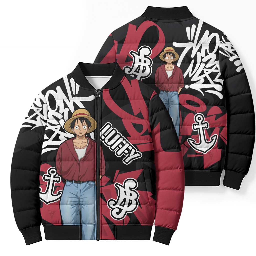 Monkey D. Luffy One Piece Bomber Puffer Jacket Graffiti Street Art Anime Collage