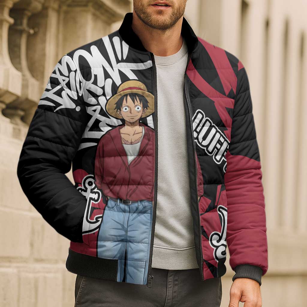 Monkey D. Luffy One Piece Bomber Puffer Jacket Graffiti Street Art Anime Collage