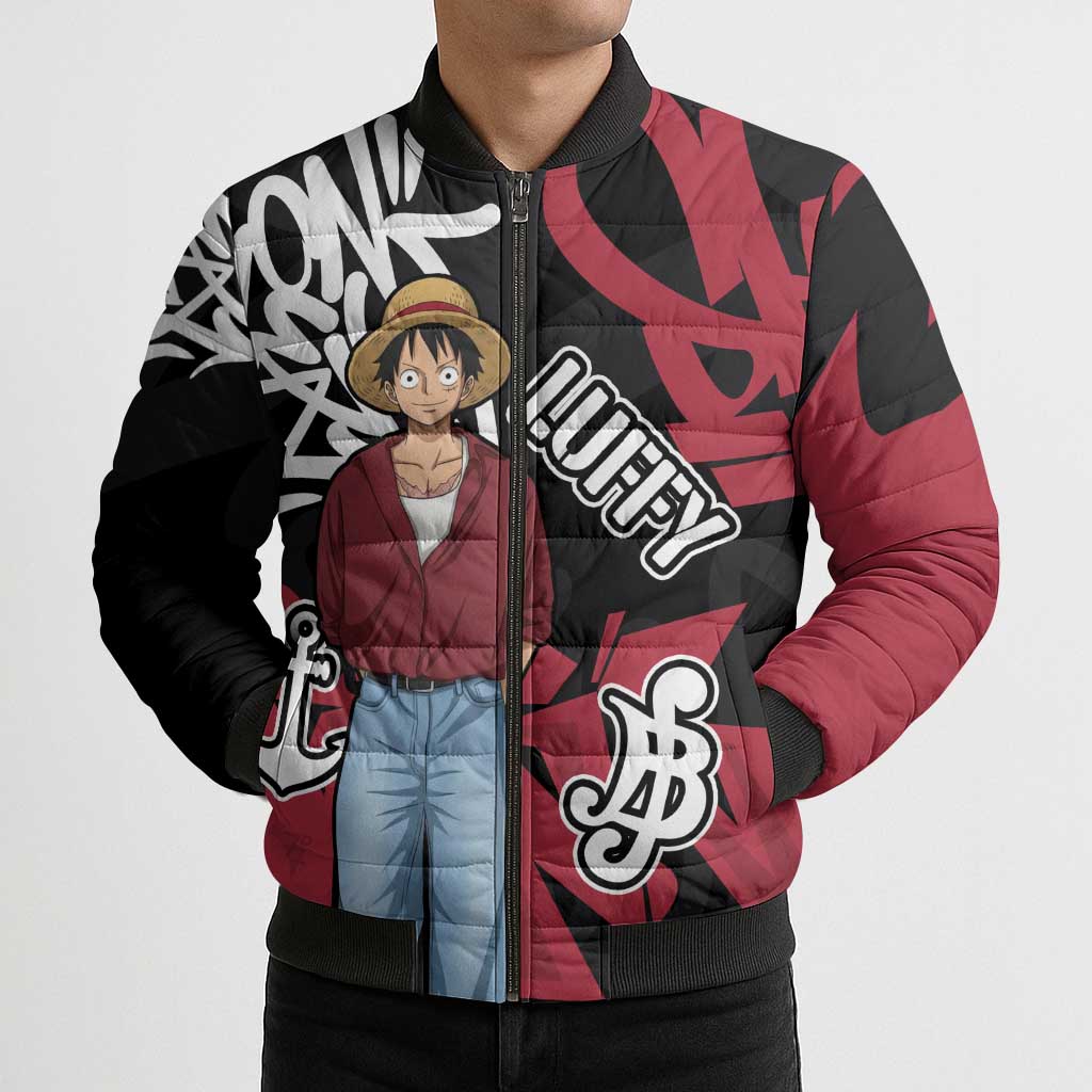 Monkey D. Luffy One Piece Bomber Puffer Jacket Graffiti Street Art Anime Collage