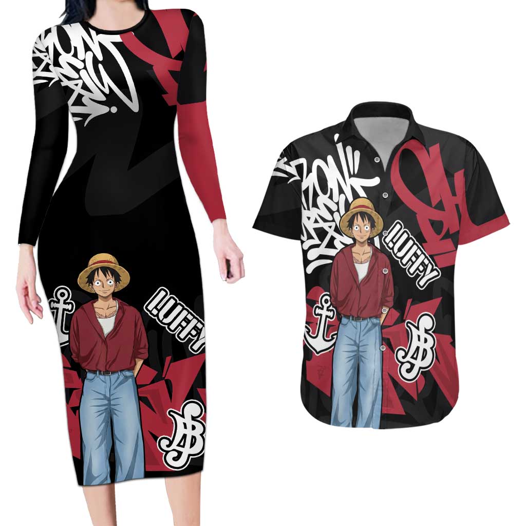 Monkey D. Luffy One Piece Couples Matching Long Sleeve Bodycon Dress and Hawaiian Shirt Graffiti Street Art Anime Collage