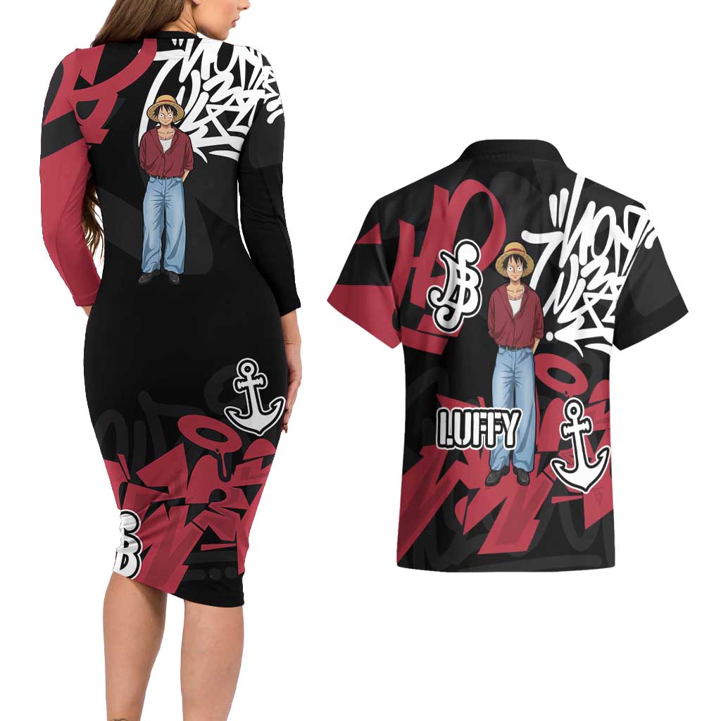 Monkey D. Luffy One Piece Couples Matching Long Sleeve Bodycon Dress and Hawaiian Shirt Graffiti Street Art Anime Collage