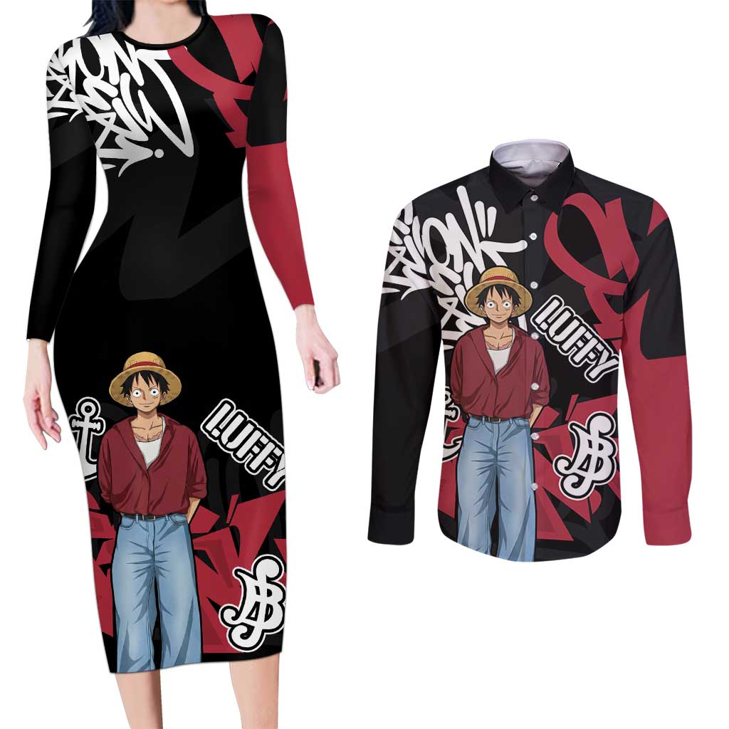 Monkey D. Luffy One Piece Couples Matching Long Sleeve Bodycon Dress and Long Sleeve Button Shirt Graffiti Street Art Anime Collage